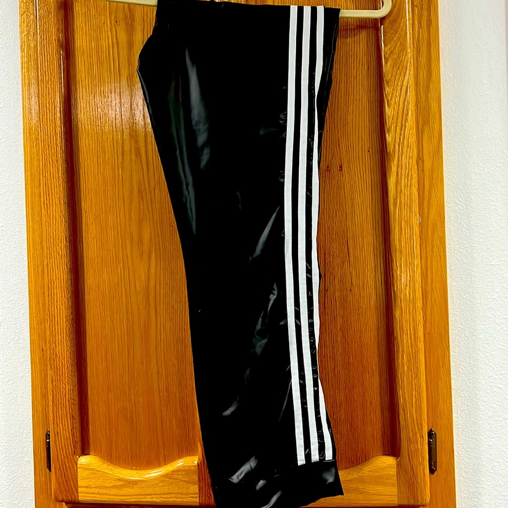 New black three stripes faux leather leggings
